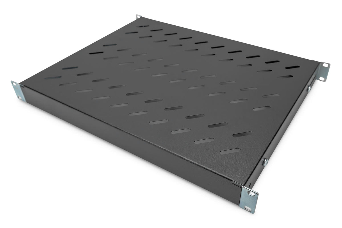 Hylle 1U, sort for 19" rack, max 550mm dyp