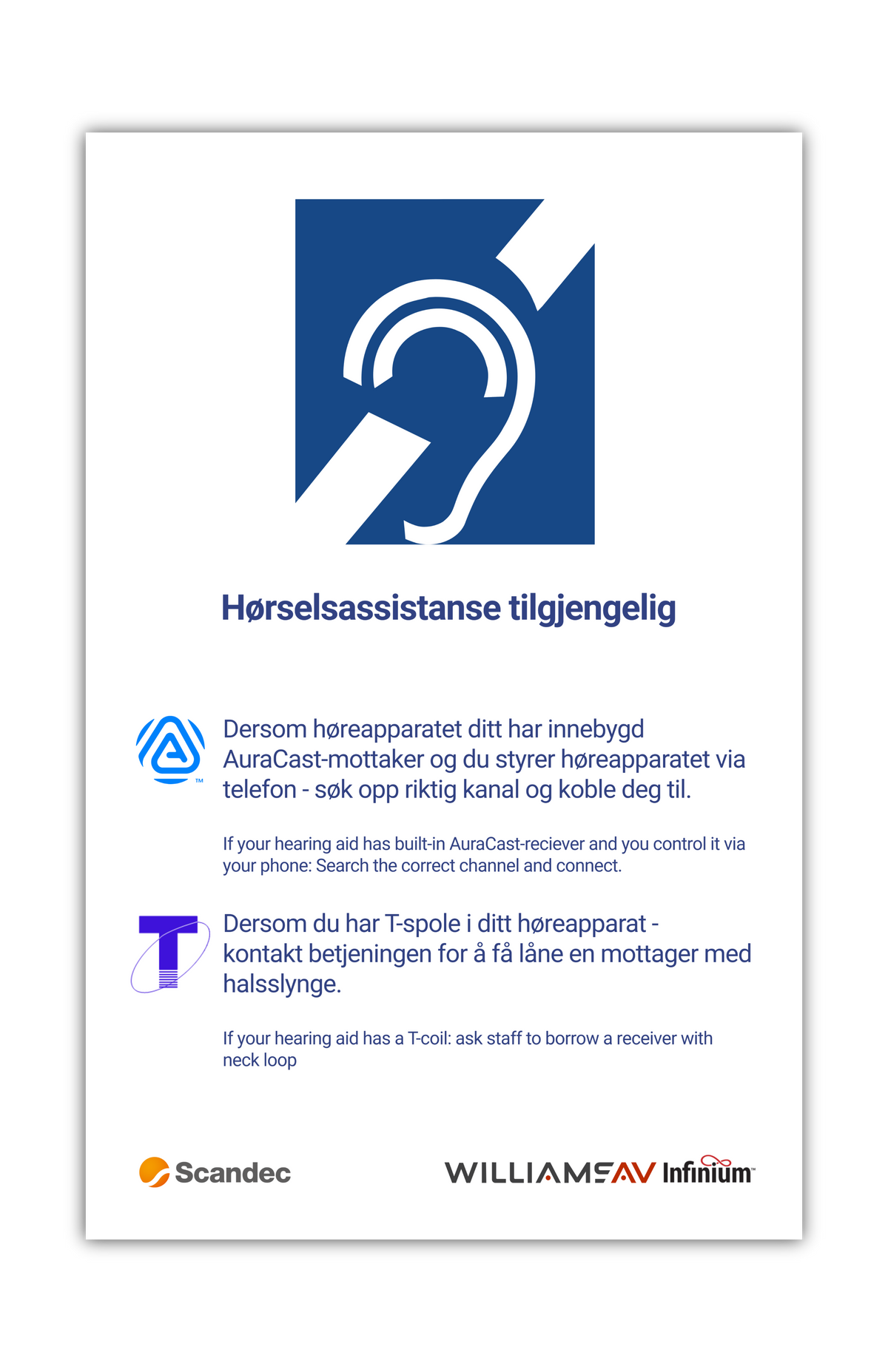 Auracast plakat 2mm PVC m/dobbels.tape A5, Norsk & Engelsk