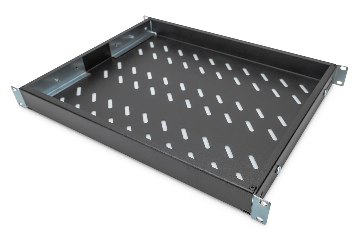 Hylle 1U, sort for 19" rack, max 550mm dyp