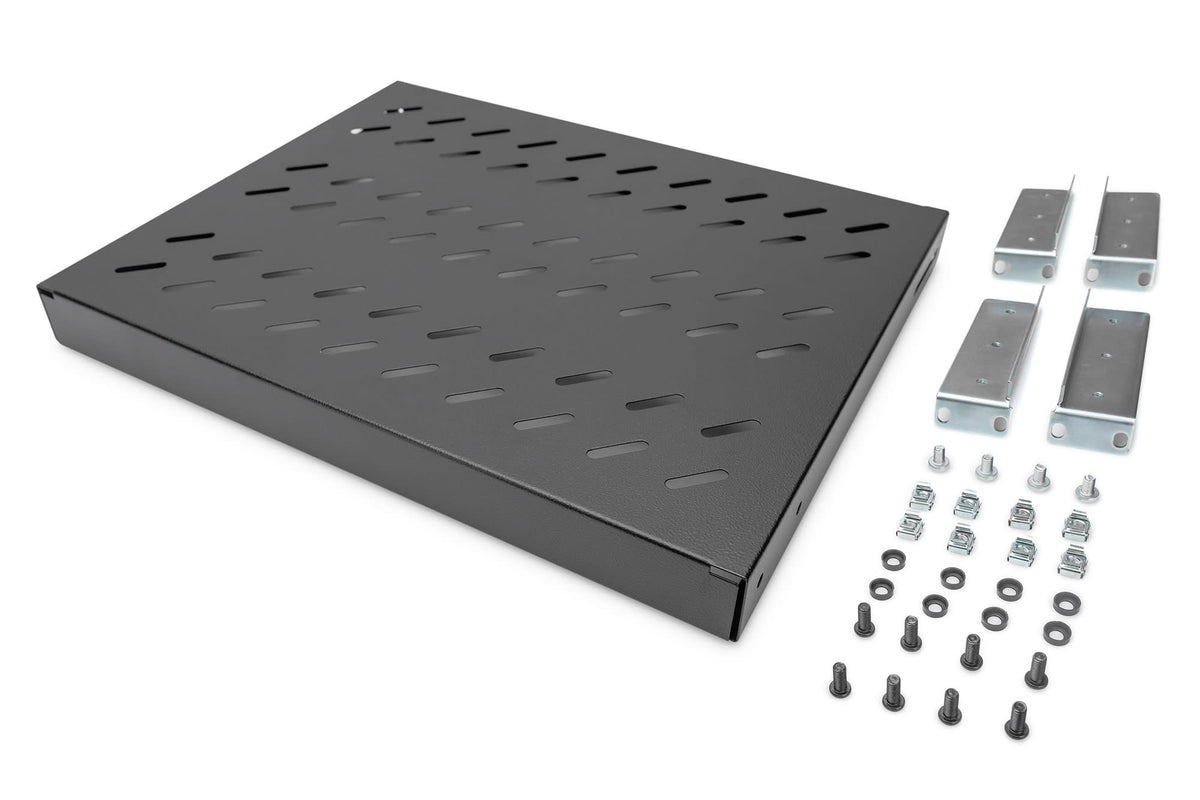 Hylle 1U, sort for 19" rack, max 550mm dyp