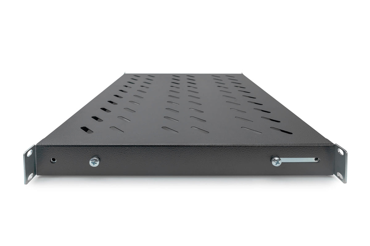 Hylle 1U, sort for 19" rack, max 550mm dyp