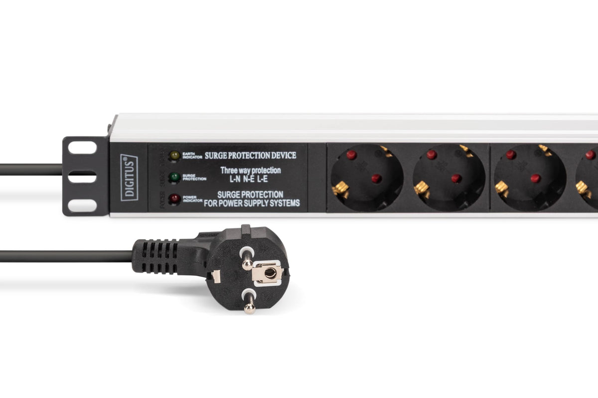 Strømskinne 6x Schuco m/overspenningsvern, 2m kabel, sort